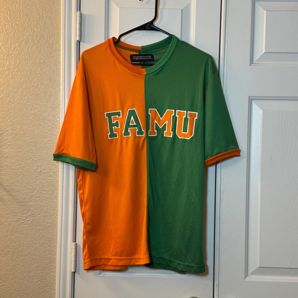 FAMU Half Orange & Half Green Jersey Style Short Sleeve Shirt, Men's Size Small